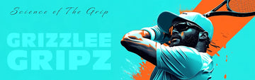 A Grizzlee Gripz Pro tennis player swinging a racket with confidence, showcasing grip strength in vibrant blue and orange hues against a dynamic background.