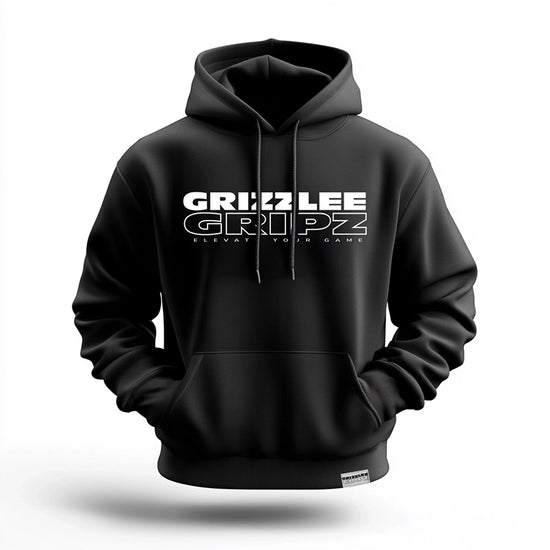 Grizzlee Gripz Premium signature branded black hoodie sweatshirt with grizzlee gripz white lettering, white woven label on the left bottom hem, full length pocket to keep your hands warm - Premium Pickleball Overgrip by Grizzlee Gripz