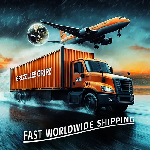 Dynamic banner image for Grizzlee Gripz showcasing fast worldwide shipping, featuring an orange truck labeled with the brand, an airplane in flight, and a globe in the background against a dramatic sky, with highlighted benefits: rapid global delivery for sports gear, efficient air and ground transit options, reliable international shipping services, speedy fulfillment for anti-slip grip products, seamless access worldwide, and customer-focused express logistics. Perfect for e-commerce sites promoting quick
