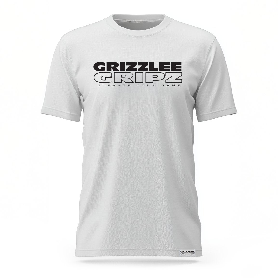 Grizzlee Gripz White signature 100% soft cotton airlume T-shirt with black lettering on the front and white and black hemmed tag on the bottom left