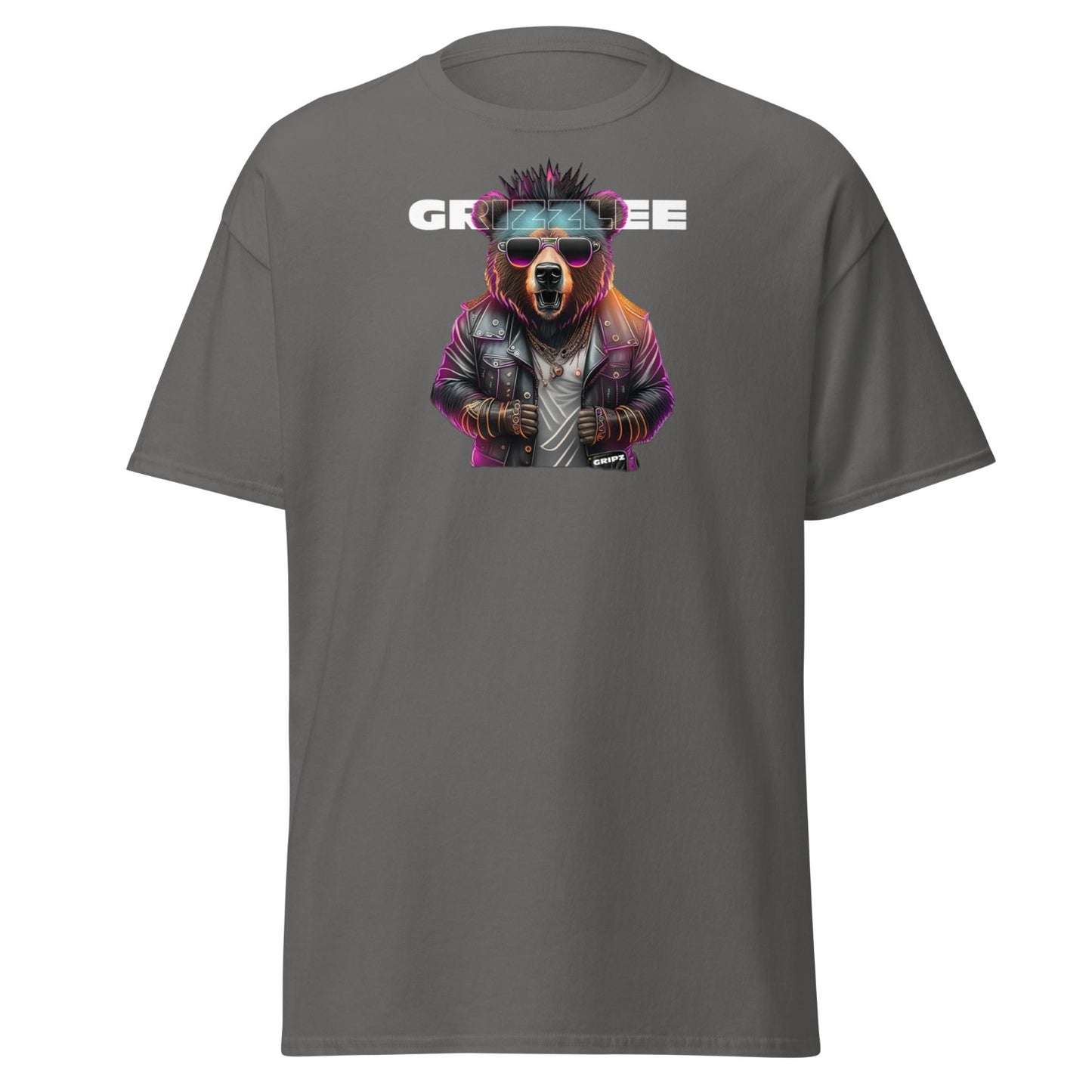 Punk rock Grizzly bear with bright colors printed on a grey shirt with branding by Grizzlee Gripz - Premium Pickleball Overgrip by Grizzlee Gripz