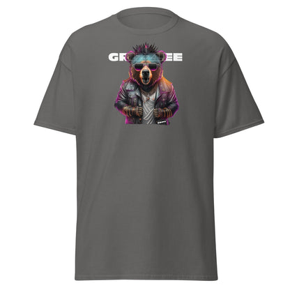 Punk rock Grizzly bear with bright colors printed on a grey shirt with branding by Grizzlee Gripz