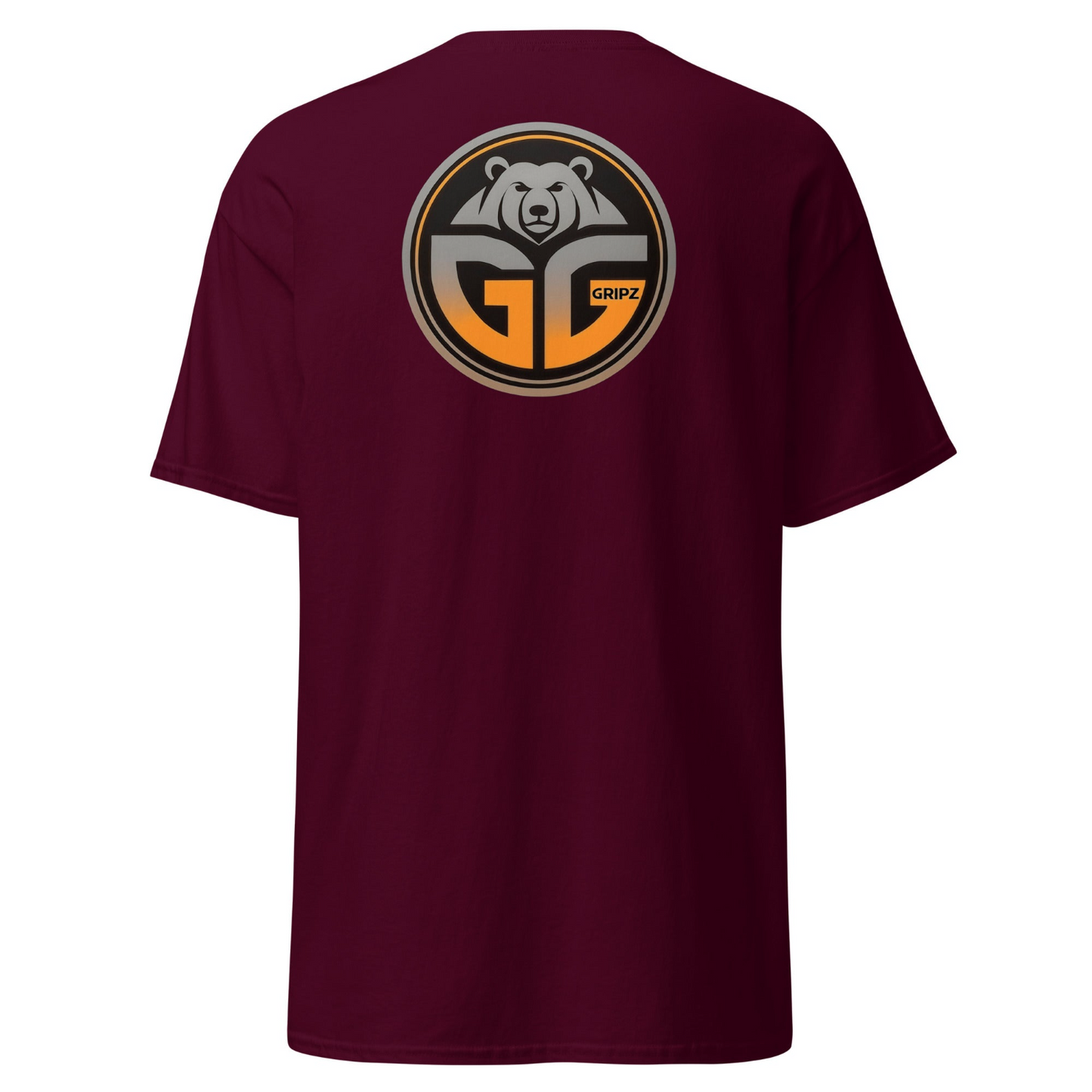 Back of the maroon t-shirt big logo - Premium Pickleball Overgrip by Grizzlee Gripz