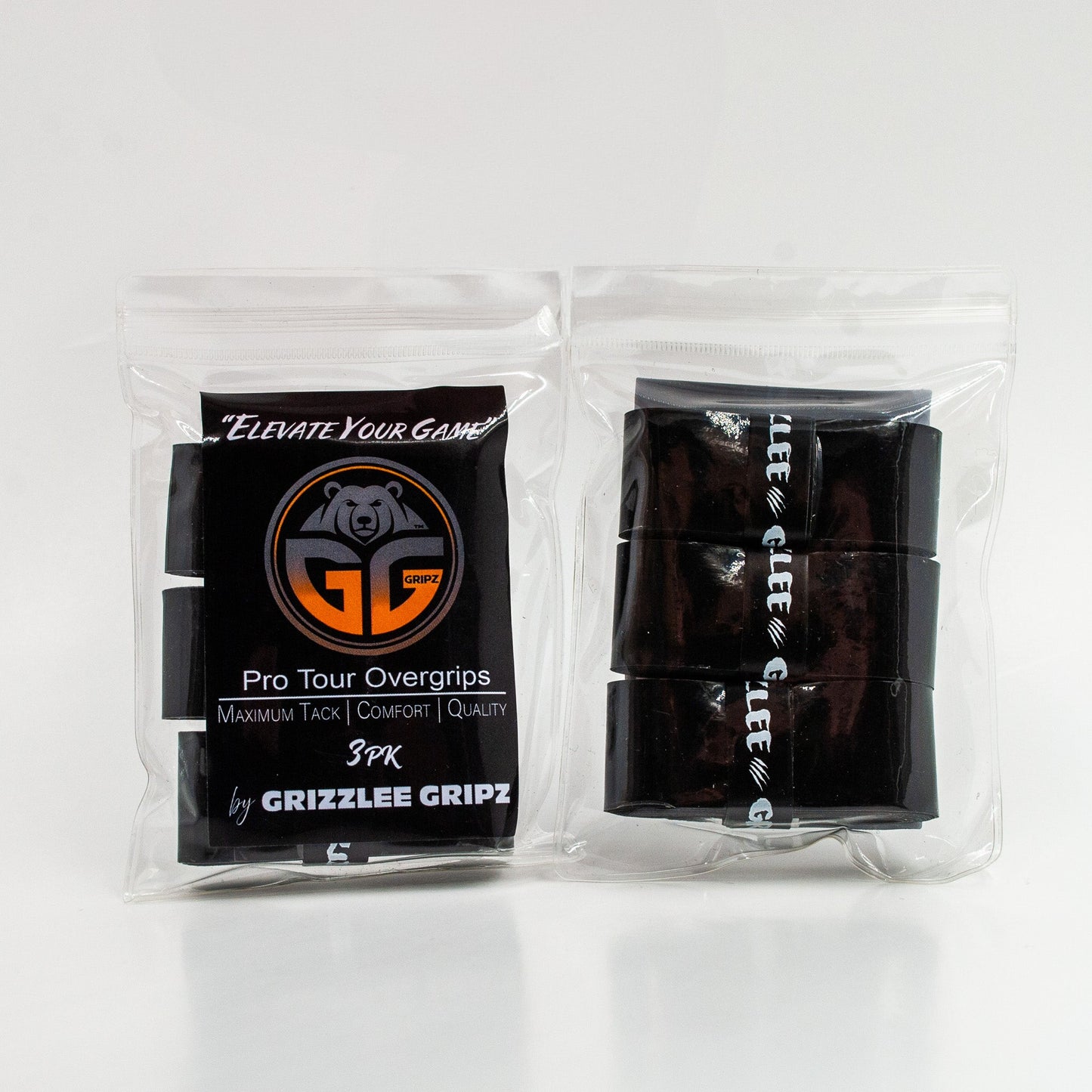 2 Black Grizzlee Gripz packs side by side showing the label on one and the 3 grips on the other on a white background - Premium Pickleball Overgrip by Grizzlee Gripz