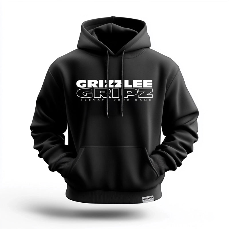 Grizzlee Gripz Premium signature branded black hoodie sweatshirt with grizzlee gripz white lettering, white woven label on the left bottom hem, full length pocket to keep your hands warm