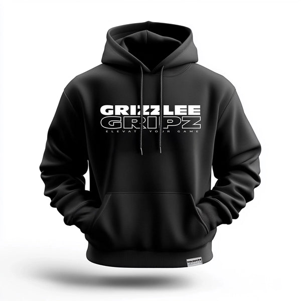 Grizzlee Gripz Premium signature branded black hoodie sweatshirt with grizzlee gripz white lettering, white woven label on the left bottom hem, full length pocket to keep your hands warm