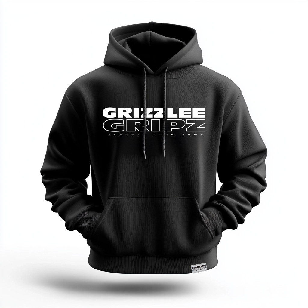 Independant branded black hooded sweatshirt with grizzlee gripz white lettering and a white woven label on the left bottom hem - Premium Pickleball Overgrip by Grizzlee Gripz