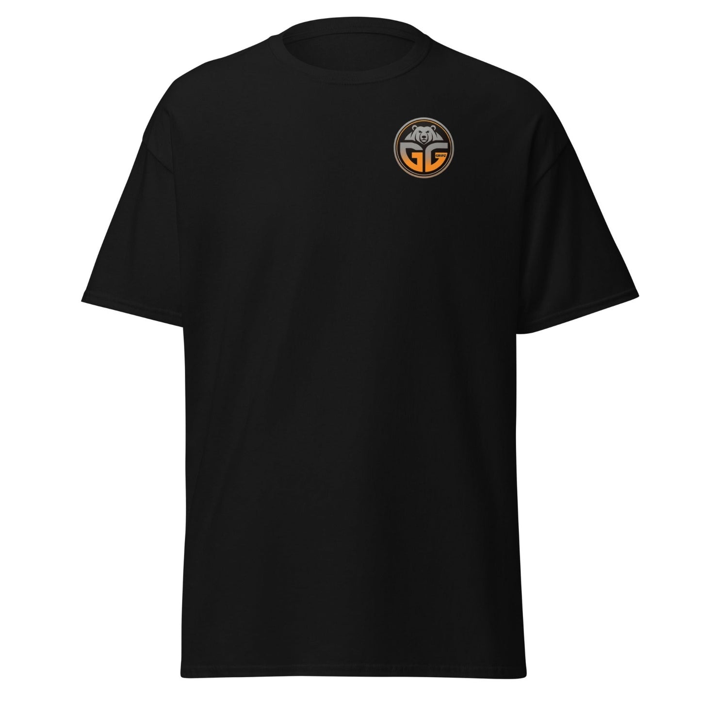 Grizzlee Gripz black t-shirt traditional large logo on the front with orange and black gradient - Premium Pickleball Overgrip by Grizzlee Gripz