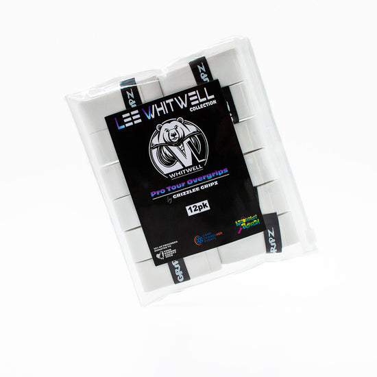 Lee Whitwell Collection of 12 Bright white pickleball-tennis overgrips in a plastic zip bag on a white background. Grizzlee Gripz performance on and off the court. - Premium Pickleball Overgrip by Grizzlee Gripz