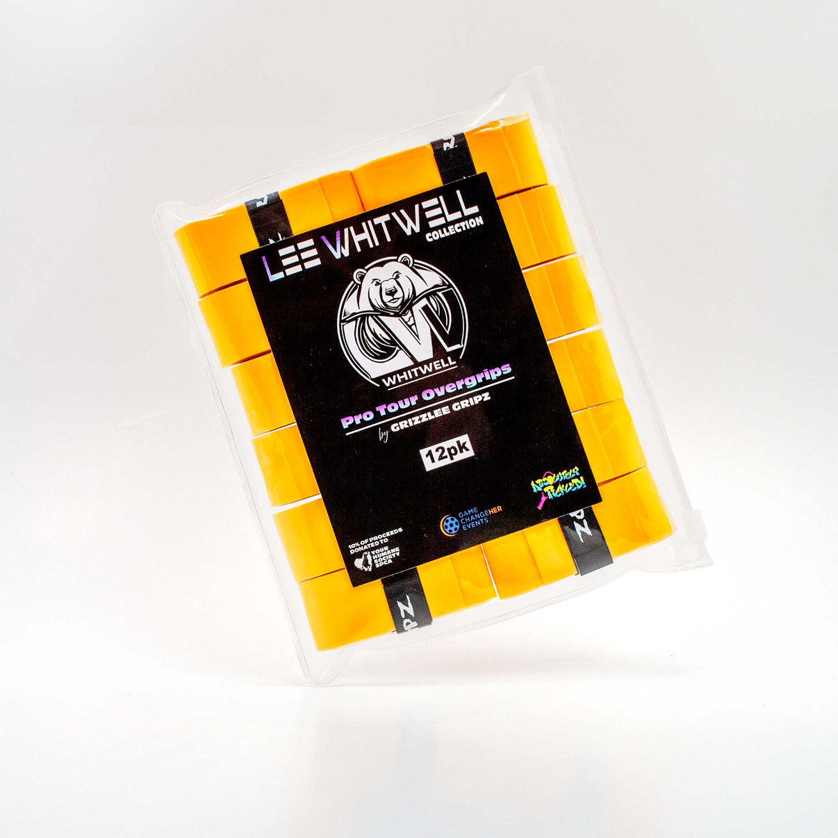 A 12-pack of Bright Yellow Grizzlee Gripz Pro Tour Overgrips, designed for pickleball players who need superior grip, sweat resistance, and durability.