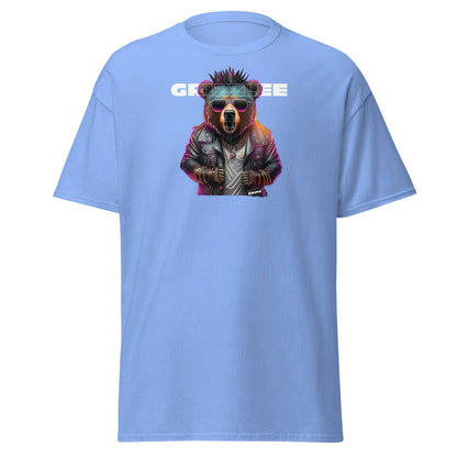 Grizzlee Gripz Punk rock Grizzly bear , bright colors on a light blue t-shirt