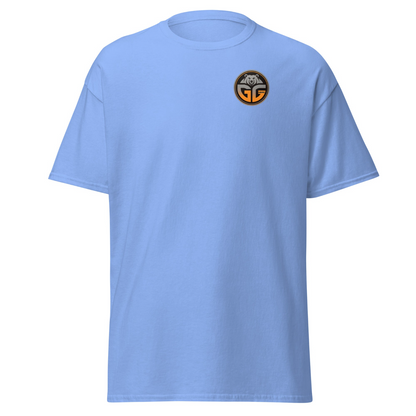 Light blue colored t-shirt with a grizzlee gripz gradient orange logo on the front 