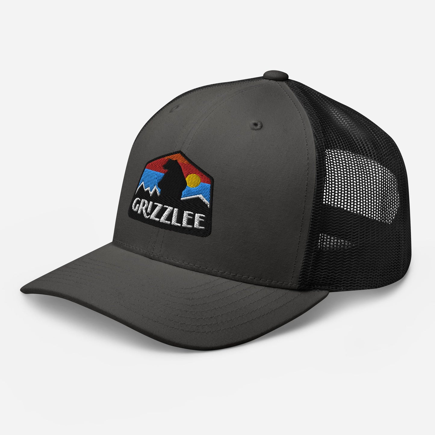 Black and grey snap back trucker hat embroidered grizzly bear badge logo on the front - Premium Pickleball Overgrip by Grizzlee Gripz