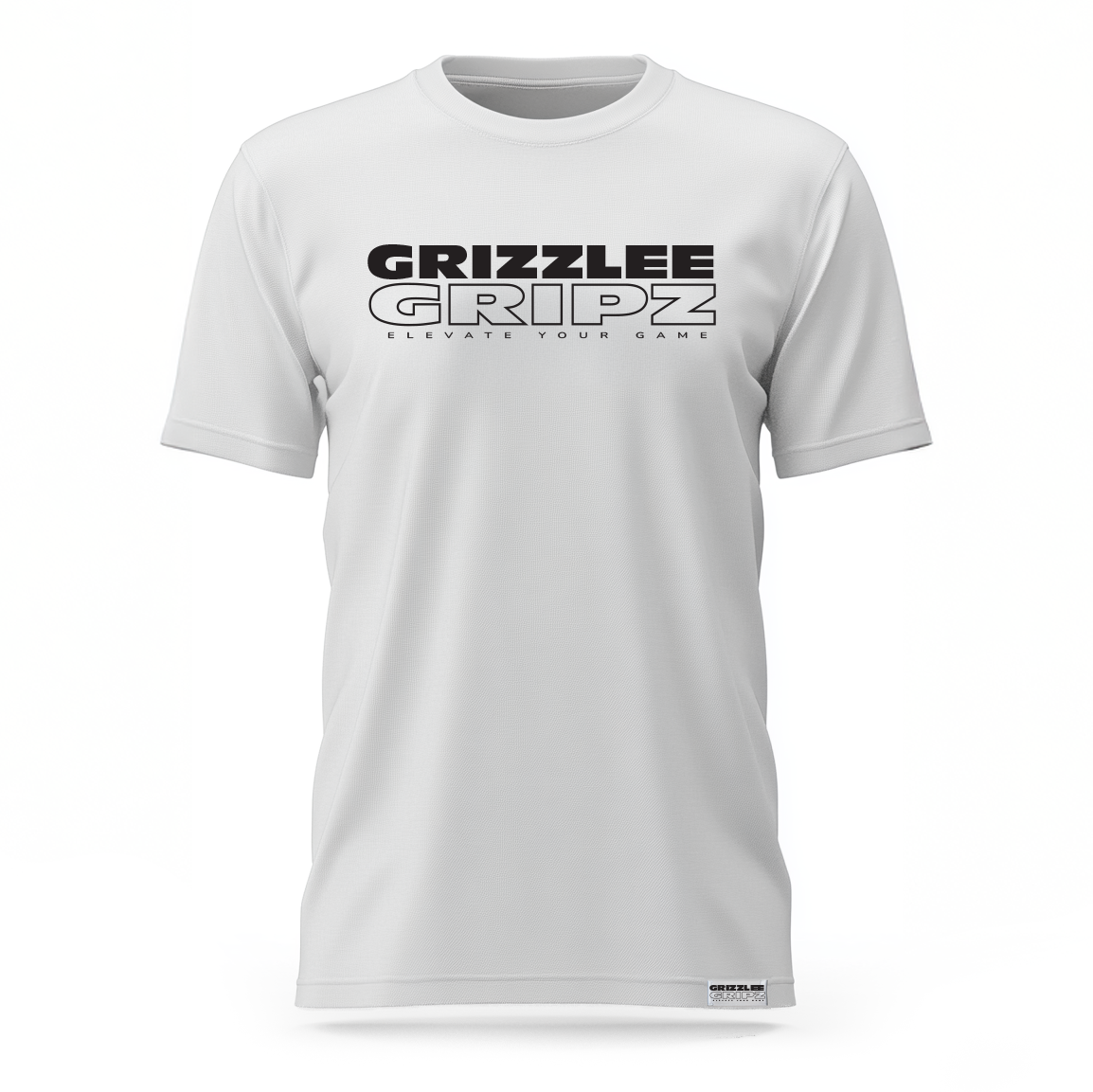 Bella Canvas white t-shirt with Grizzlee Gripz Black lettering on the front with a woven tag on the left hem on the bottom - Premium Pickleball Overgrip by Grizzlee Gripz