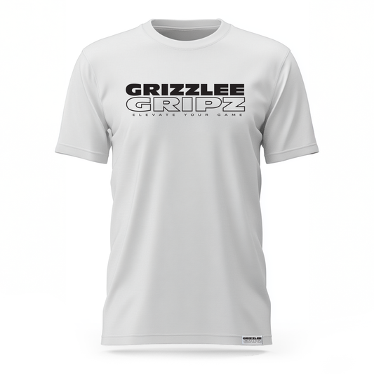 Bella Canvas white t-shirt with Grizzlee Gripz Black lettering on the front with a woven tag on the left hem on the bottom