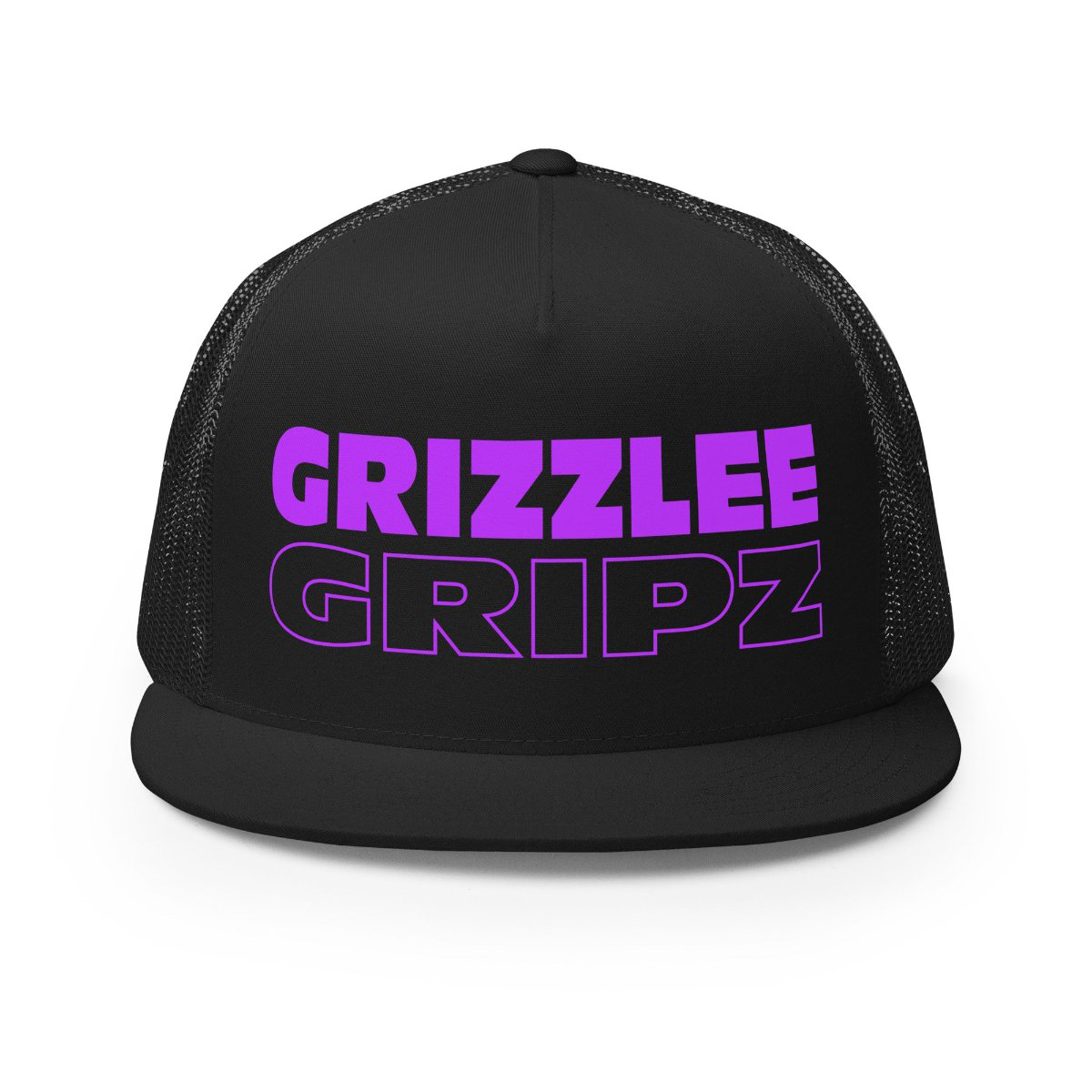 Front profile of a Black hat trucker snap-back style with neon purple branding on a white background - Premium Pickleball Overgrip by Grizzlee Gripz