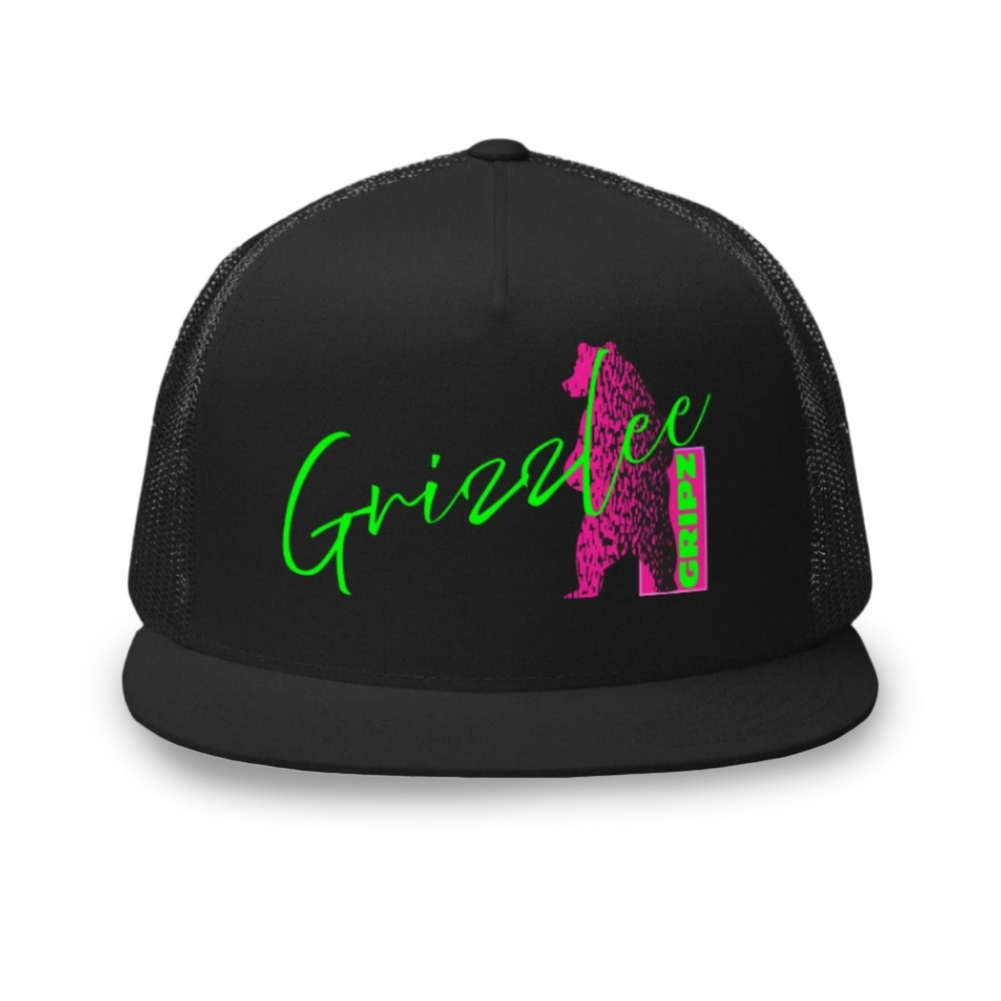 Grizzlee Gripz trucker hat front facing with neon bear logo - Premium Pickleball Overgrip by Grizzlee Gripz