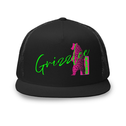 Grizzlee Gripz trucker hat front facing with neon bear logo