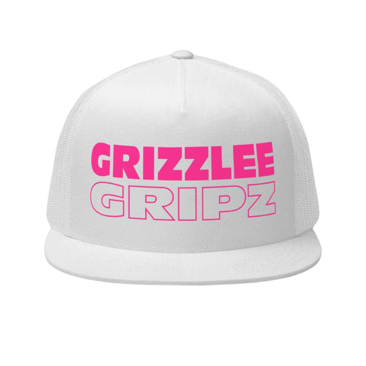 white trucker hat with a Neon Pink grizzlee gripz branding logo on the front - Premium Pickleball Overgrip by Grizzlee Gripz