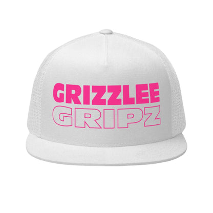 white trucker hat with a Neon Pink grizzlee gripz branding logo on the front