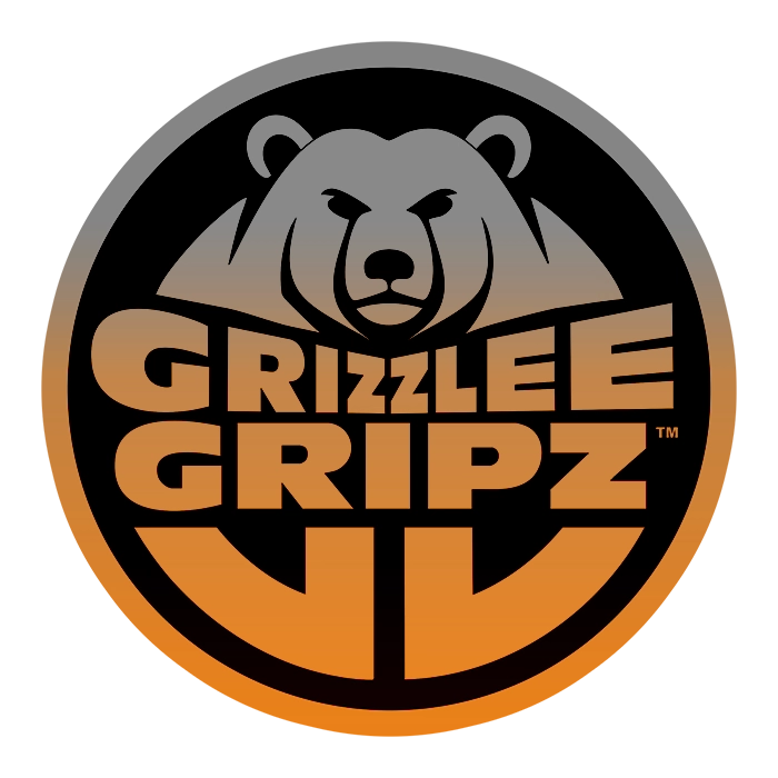 Grizzlee Gripz gradient orange and gray logo with a bear illustration on a white background