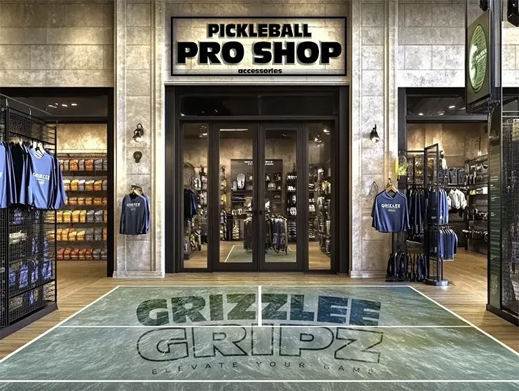Pickleball pro shop with 'Grizzlee Gripz' branding on the floor.