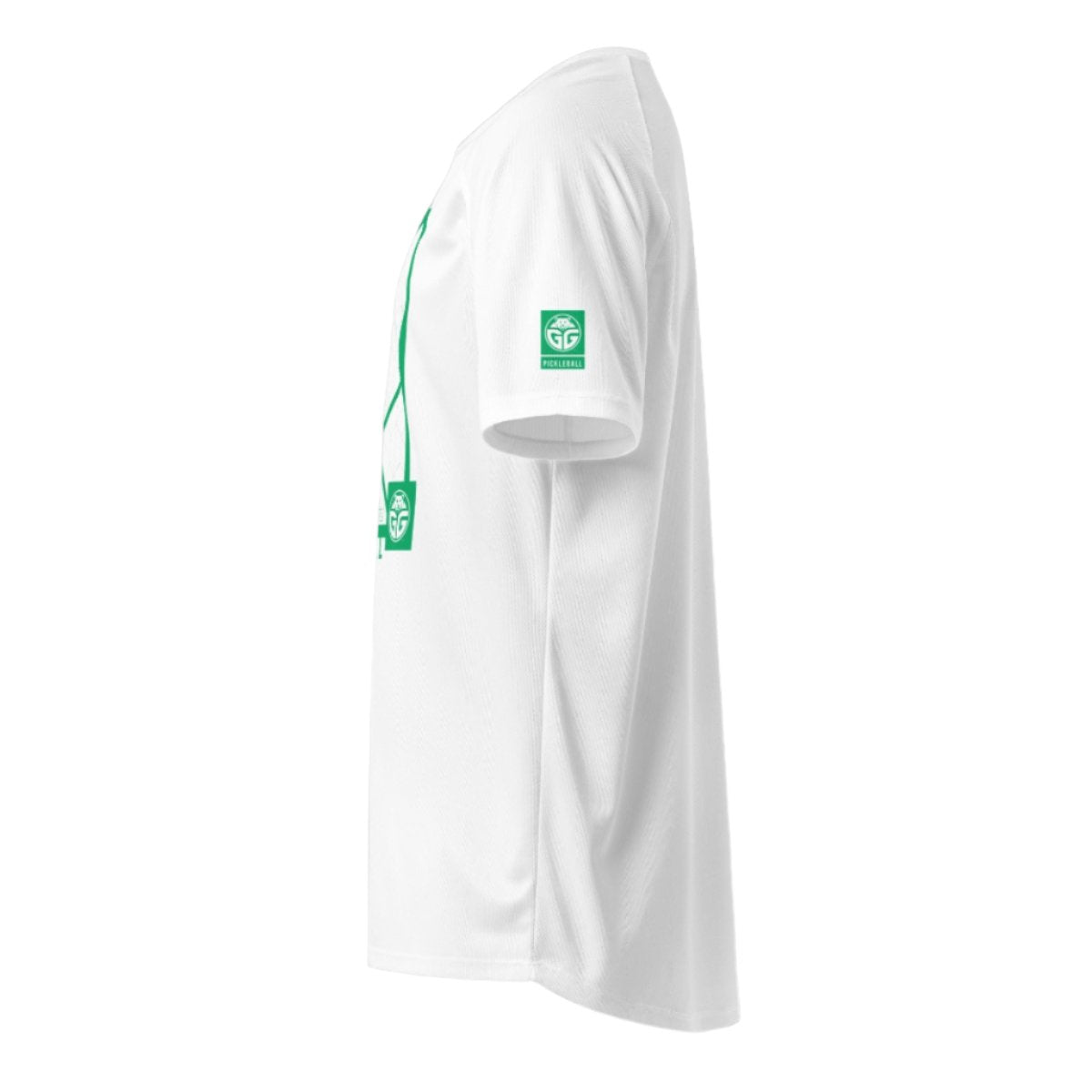 grizzlee gripz breathable court white t-shirt side profile with green and white logo on the left sleeve - Premium Pickleball Overgrip by Grizzlee Gripz