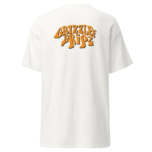 Grizzlee Gripz white t-shirt , orange and black bear logo design on the back