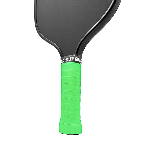 grizzlee gripz lime green overgrips on a black paddle - quality pickleball over grips useed for tennis, padel, pickleball and badminton - Premium Pickleball Overgrip by Grizzlee Gripz