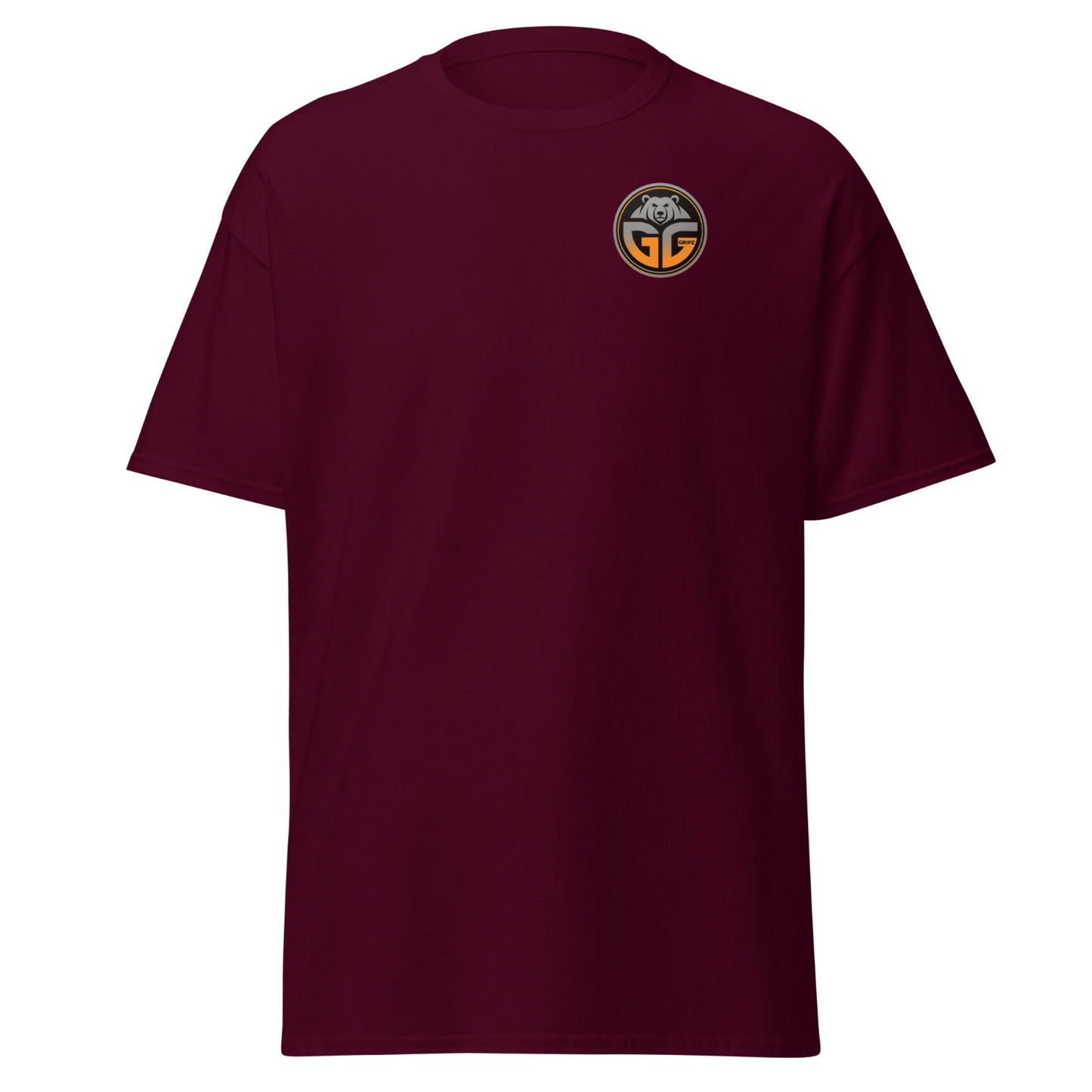 Grizzlee Gripz Maroon t-shirt traditional large logo on the front with orange and black gradient - Premium Pickleball Overgrip by Grizzlee Gripz