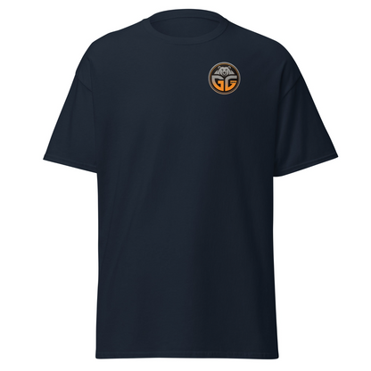 Navy blue t-shirt with logo on left chest