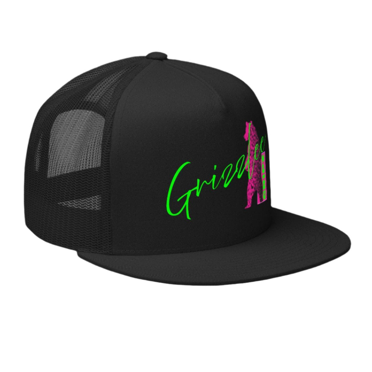 right side of black trucker hat that is 5 panel and has a neon green and pink design on the front - Premium Pickleball Overgrip by Grizzlee Gripz