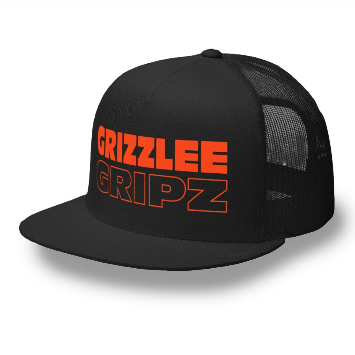 Grizzlee Gripz Trucker Hat with a large neon orange logo, structured five-panel high-profile design, flat bill, and adjustable snapback closure. Available in black or white. - Premium Pickleball Overgrip by Grizzlee Gripz