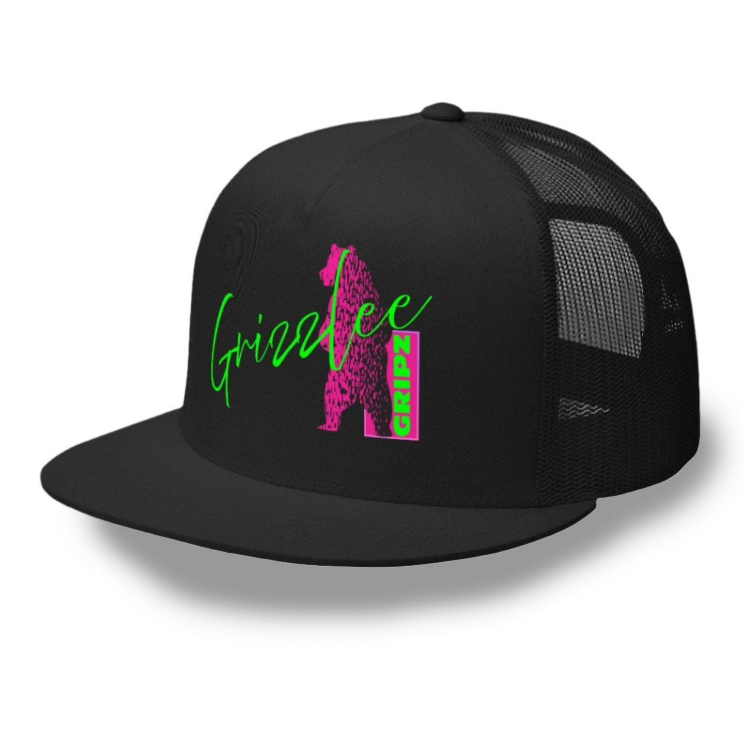 black trucker snap-back hat with neon green and pink grizzly bear logo - Premium Pickleball Overgrip by Grizzlee Gripz