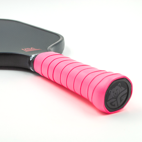 Neon Pink Gripz wrapped on a paddle handle - Premium Pickleball Overgrip by Grizzlee Gripz