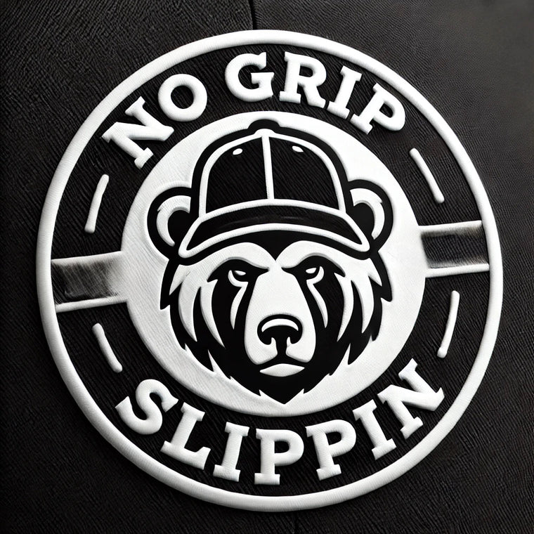 black and white circle logo for hats, inside the circle logo is the words  No Grip Slippin along with a grizzlee bear head in th emiddle that displays the performance of the brand