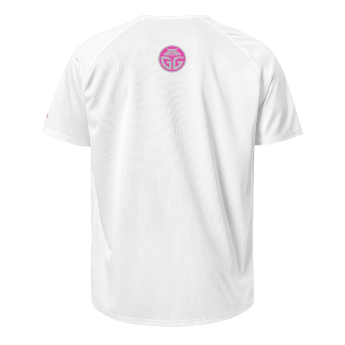 back of white playing court shirt with pink grizzlee gripz circle logo - Premium Pickleball Overgrip by Grizzlee Gripz