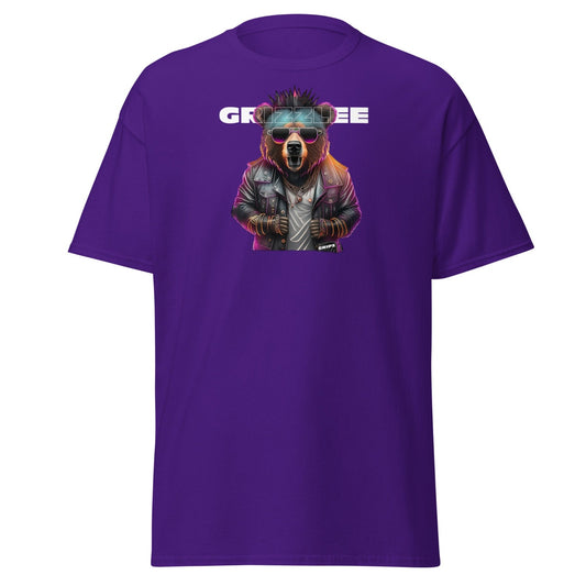 Grizzlee Gripz Punk rock Grizzly bear , bright colors on a purple t-shirt