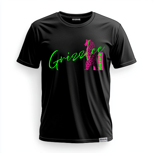 3D Mockup of a black t-shirt with neon green signature and neon pink grizzly bear - Premium Pickleball Overgrip by Grizzlee Gripz