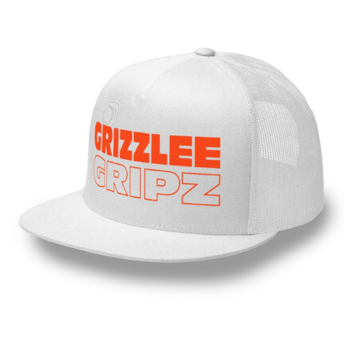 White Grizzlee Gripz Trucker Hat with a large neon orange logo, structured five-panel high-profile design, flat bill, and adjustable snapback closure.  - Premium Pickleball Overgrip by Grizzlee Gripz