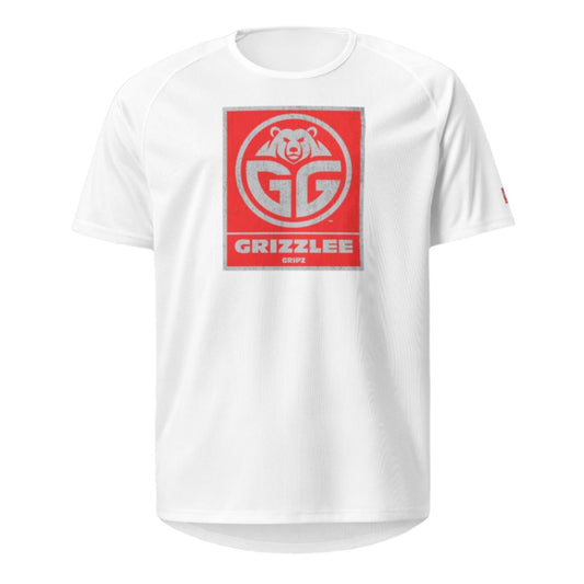 red grizzlee gripz box logo on a white court shirt 