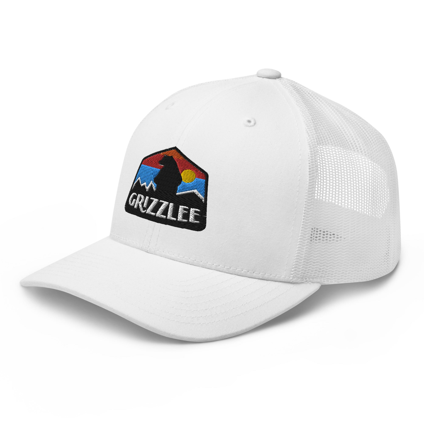 White snap back trucker hat embroidered grizzly bear badge logo on the front - Premium Pickleball Overgrip by Grizzlee Gripz