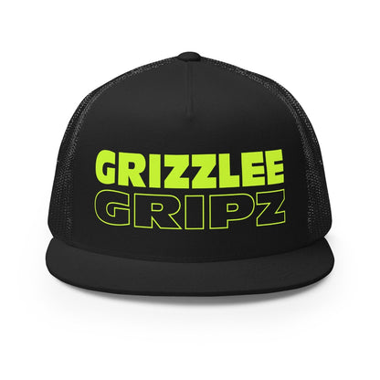 black snapback hat with neon yellow large logo grizzlee gripz wording on the front