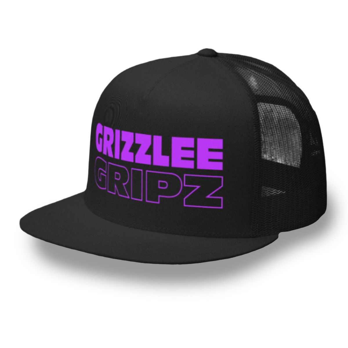 Black trucker snap-back hat with neon purple branding with a white background - Premium Pickleball Overgrip by Grizzlee Gripz