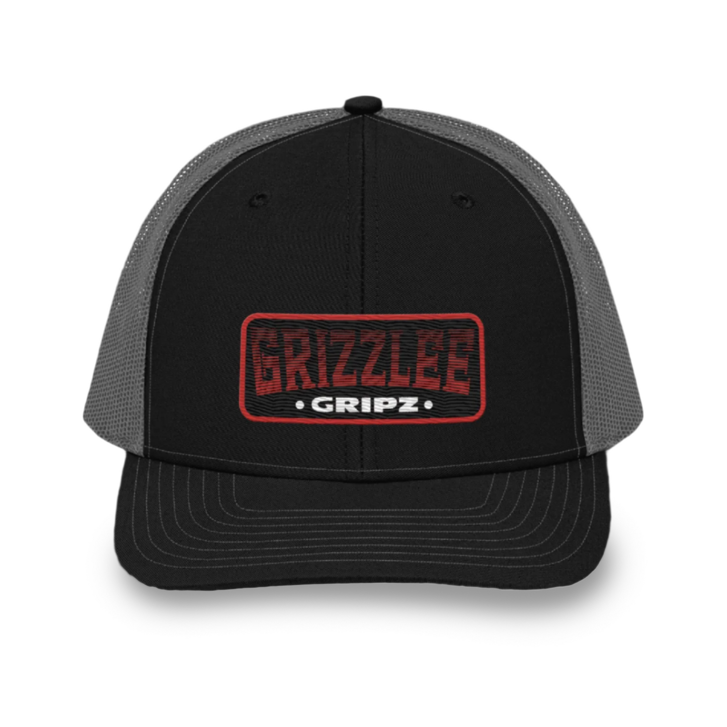 snap-back trucker in black and grey with a heat rising badge by grizzlee gripz on the front - Premium Pickleball Overgrip by Grizzlee Gripz