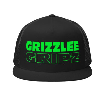 black snapback hat neon green wording grizzlee gripz on the front