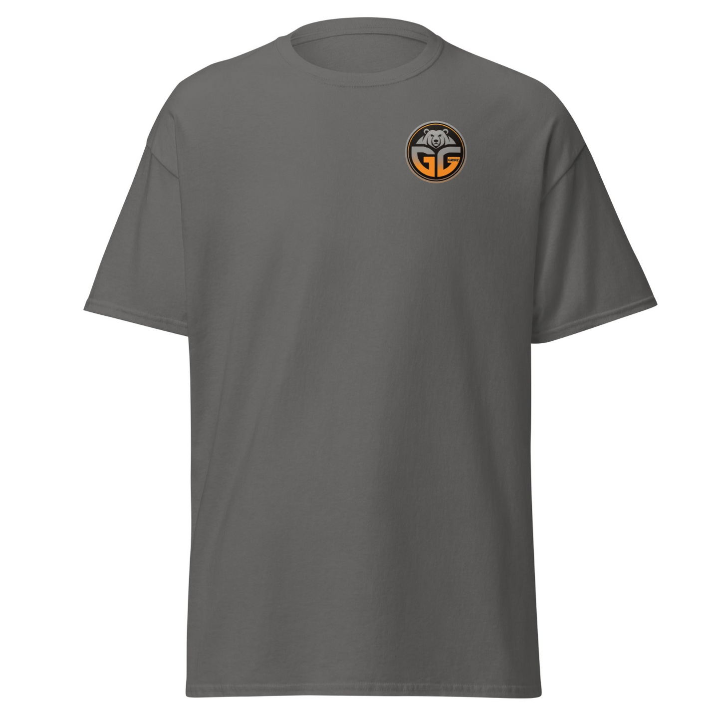 charcoal colored t-shirt gradient logo on the front - Premium Pickleball Overgrip by Grizzlee Gripz