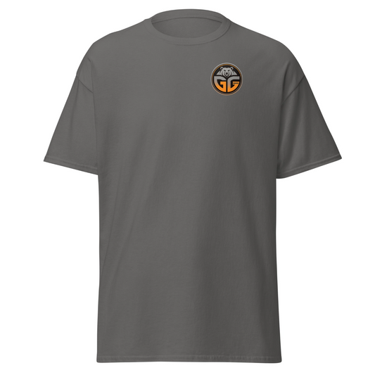 charcoal colored t-shirt gradient logo on the front