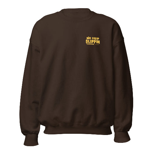 chocolate brown no grip slippin crewneck back logo dont let the grip slip - Premium Pickleball Overgrip by Grizzlee Gripz