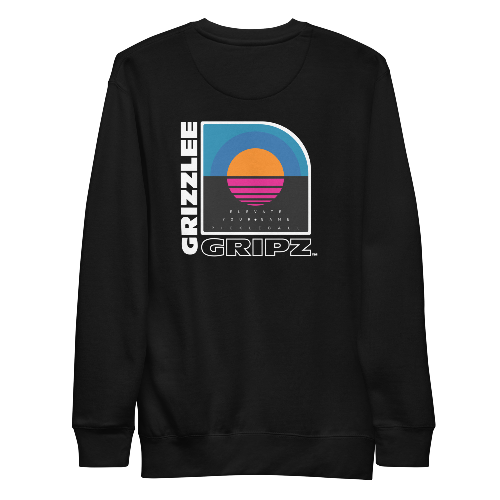 back of a black crewneck sweatshirt with elevate your game logo - Premium Pickleball Overgrip by Grizzlee Gripz